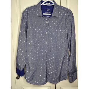 Bugatchi Uomo Check Print Shaped Fit Classic Blue Cotton Long-sleeve Shirt  Sz M